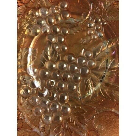 1920 carnival glass bowl imperial grapes Scallop Edge iridescent marigold orange - Picture 3 of 8